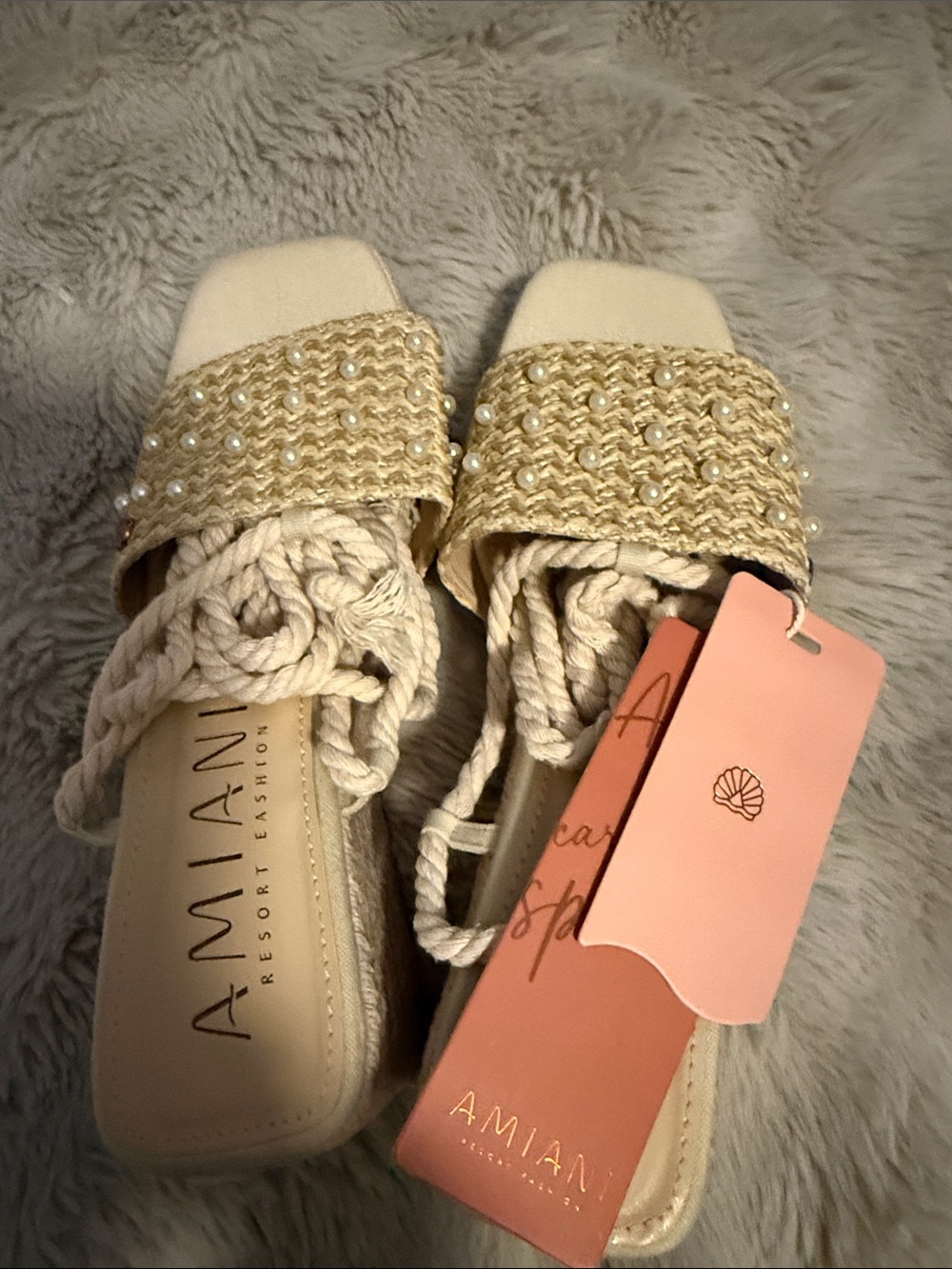 These were purchased in Mexico Amiana Cream Braided Pearl Lace-Up Slide Sandals